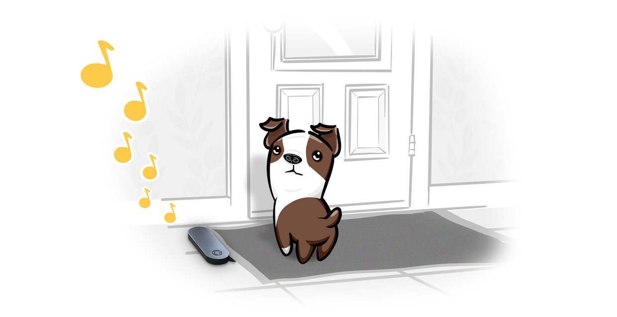 Illustration of a puppy standing on a doormat by the front door, next to a doorbell playing musical notes