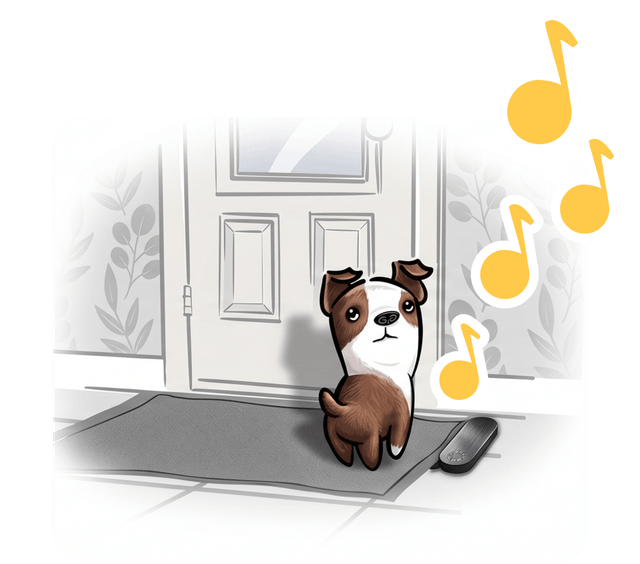 A small brown-and-white dog sits on the mat by the front door as chime notes ring out.