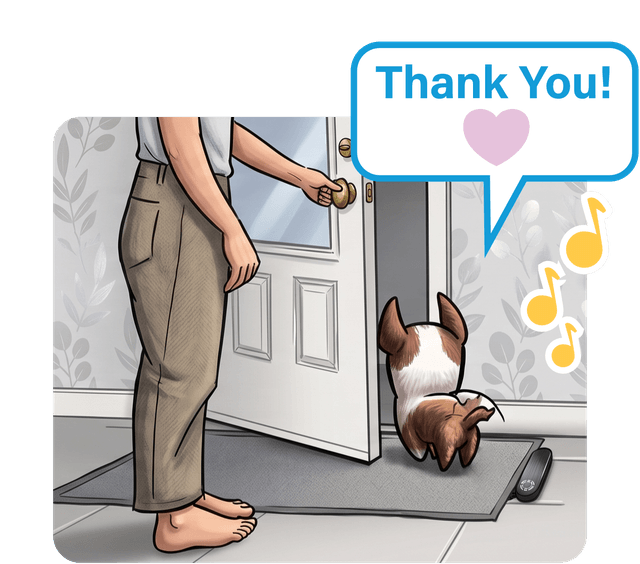 A person opens the front door and the dog trots out, with a 'Thank You!' speech bubble above.